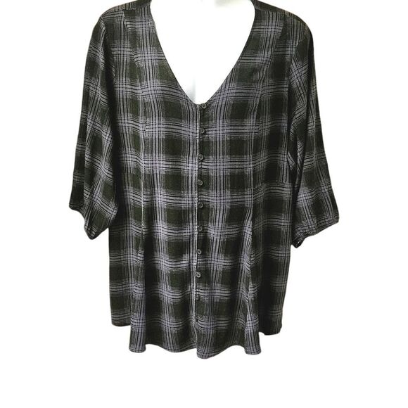 TORRID FIT FLARE Rayon Slub Button -Up Top Shadow Plaid Deep Black Size 2X - Picture 2 of 16